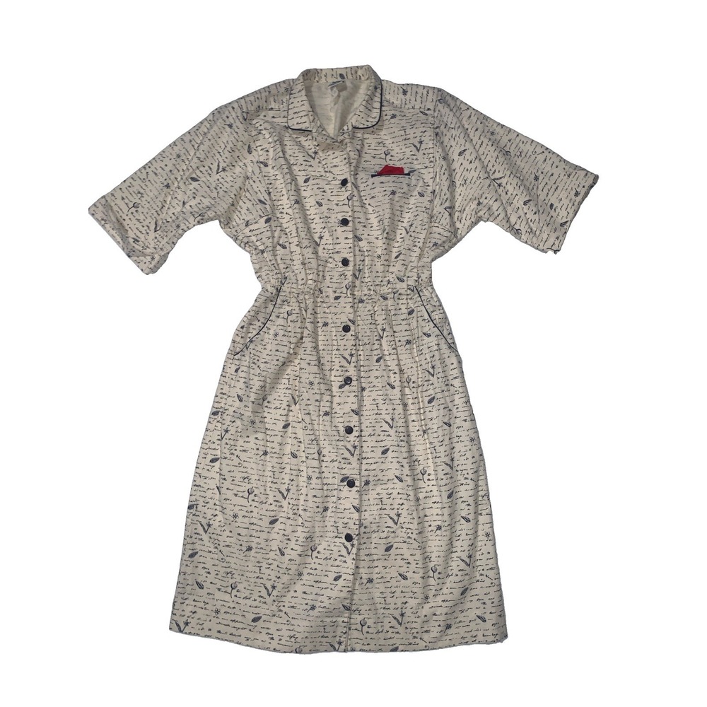 Petites by Willi Shirt Dress Women 14P Ivory Script Vintage 80s 90s Cotton USA